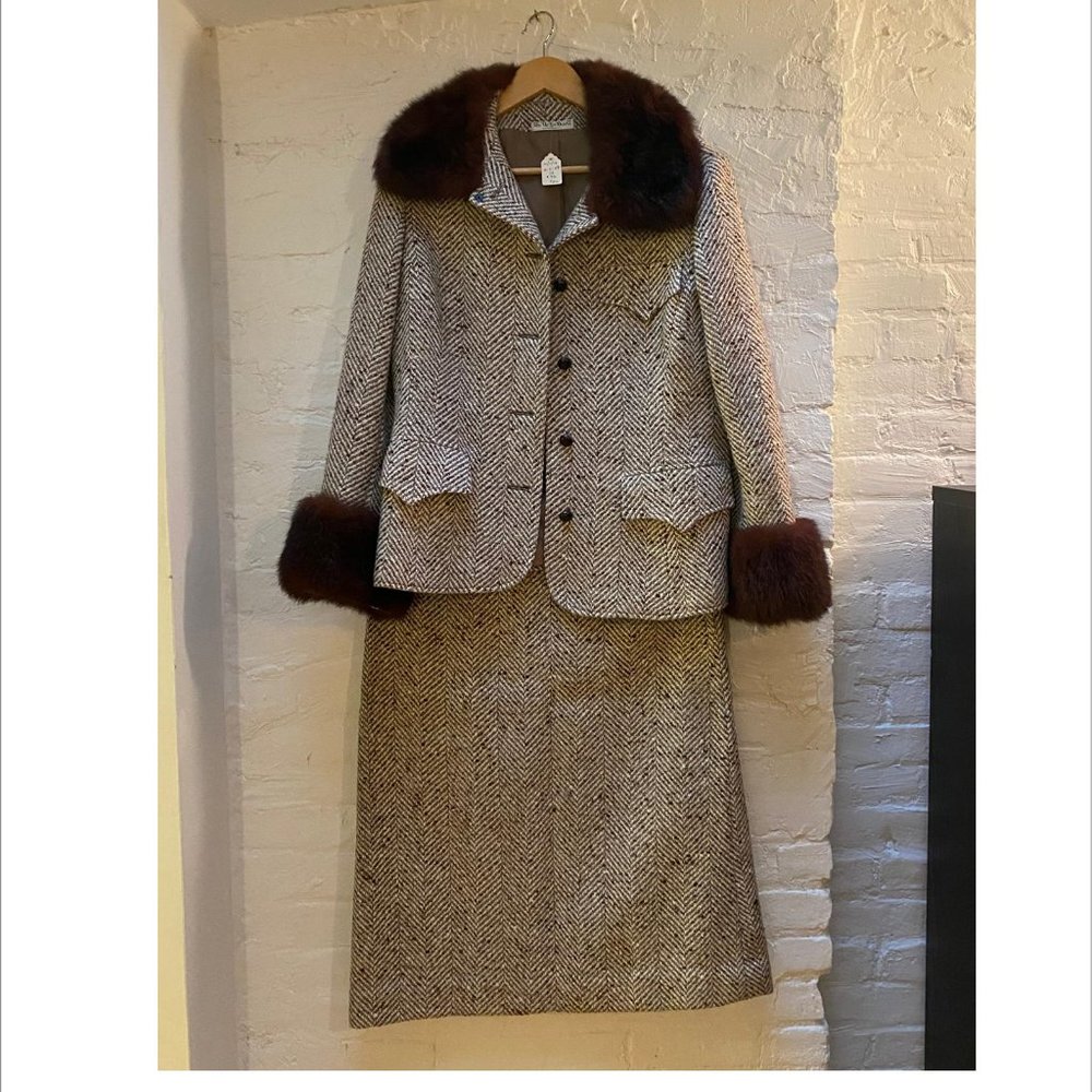 Vintage Herringbone Tweed Suit with Faux Fur Trim